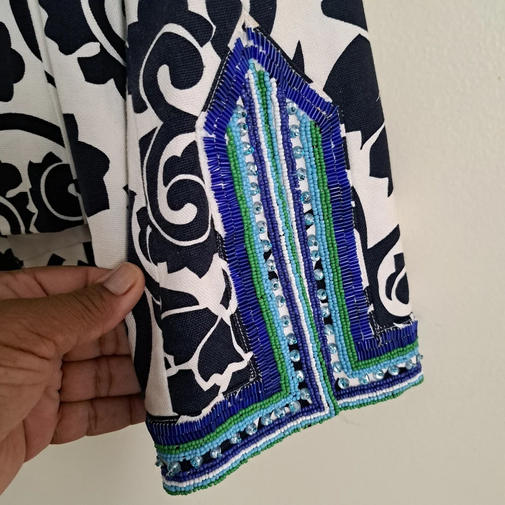 Tory‎ Burch Beaded Collar Floral Print Jacket Navy White Blue Green Women Size 6